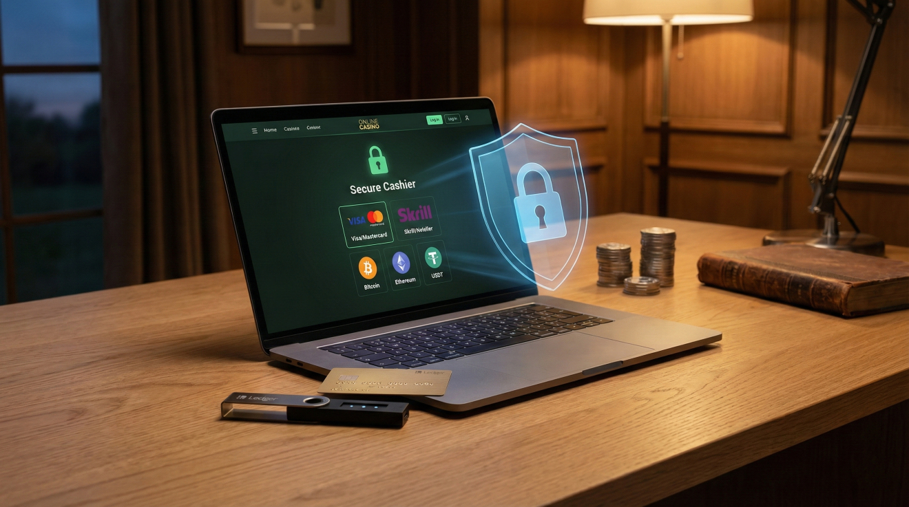 Ноутбук с открытой страницей кассы онлайн-казино, на столе лежат банковская карта, аппаратный криптокошелек и монеты, над ними парит голографический щит безопасности.